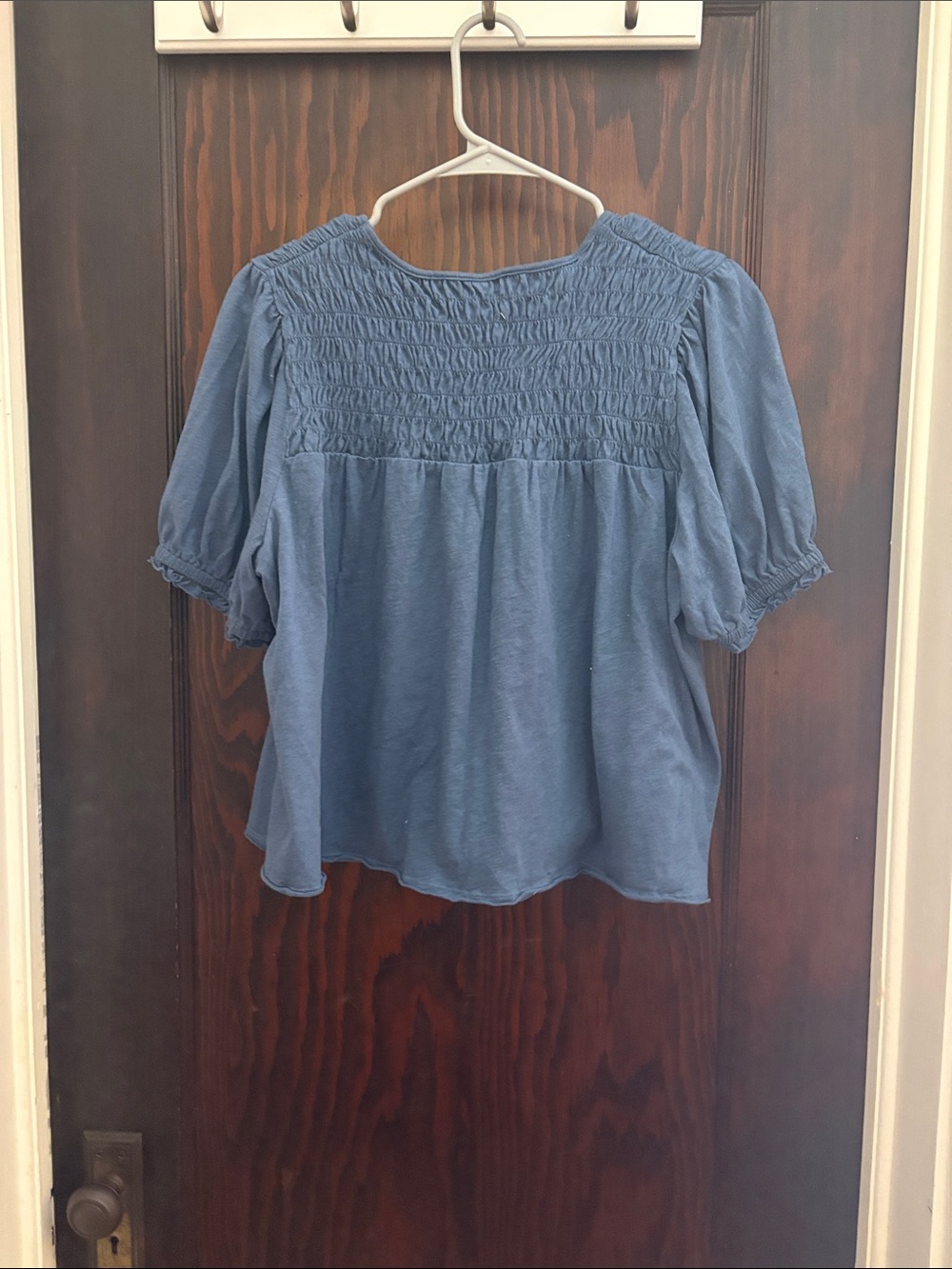 American Eagle Outfitters Blue Smocked Yoke Puff Sleeve Top - Picture 2 of 5